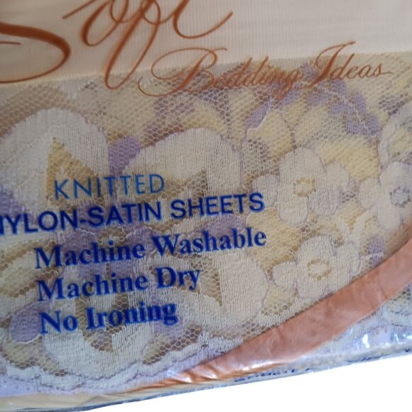 Vtg Sheet Set Whisper Soft Double Nylon Satin Lace Trim Flat Fitted Pillowcase - Picture 3 of 8